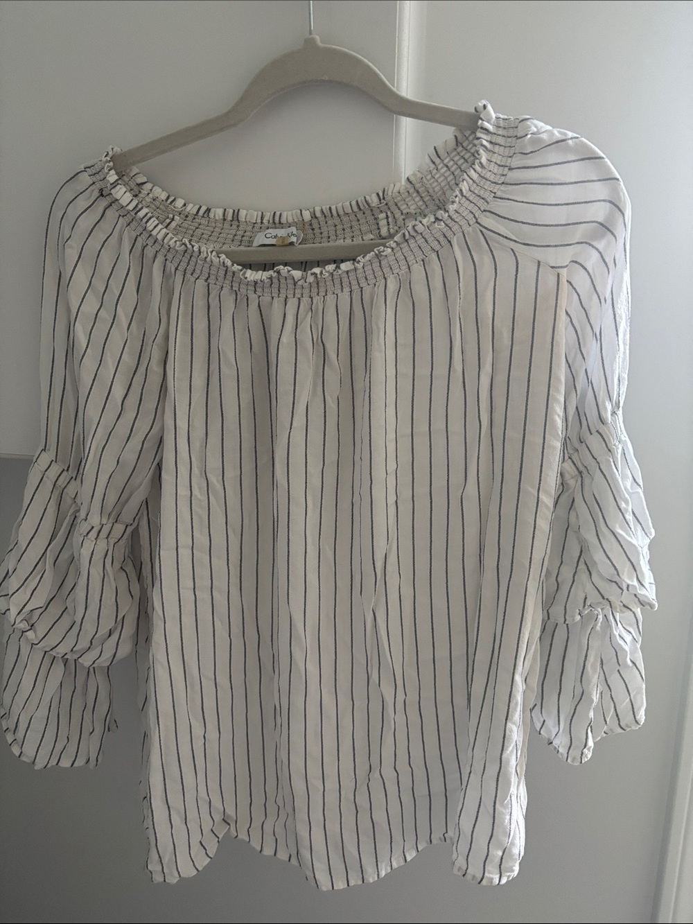 Calvin Klein White Off-Shoulder Blouse with Black Pinstripes